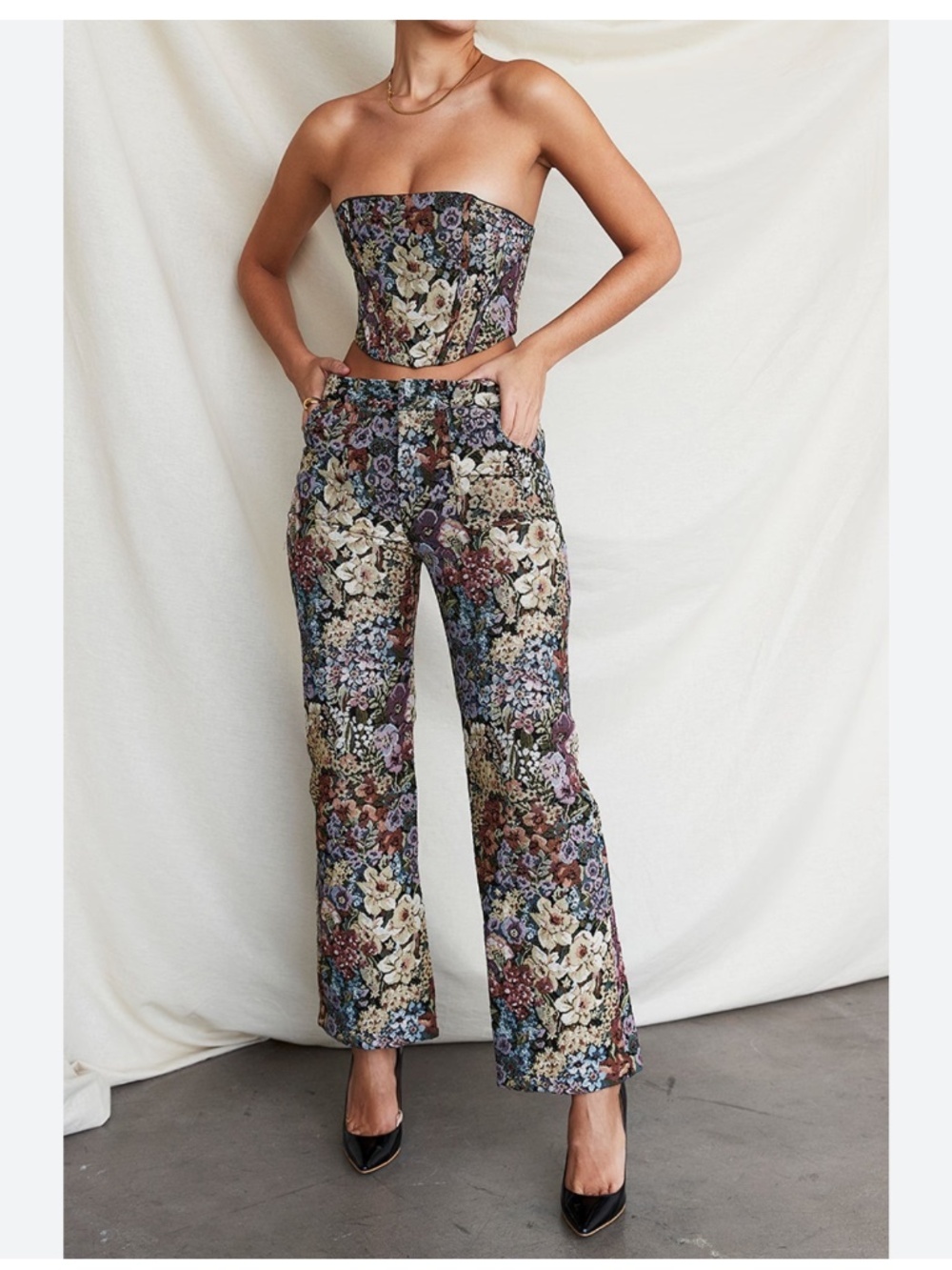 House Of CB Mistress Rocks Spectrum Floral Brocade Wide Leg Trousers L